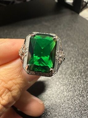 Green Statement Ring Adjustable Silver Tone Emerald Cut Bold Ring